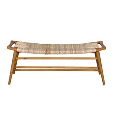 a wooden bench with a woven seat pad