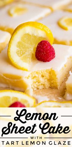 lemon sheet cake with tart lemon glaze and fresh raspberries on top