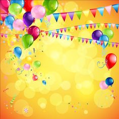 an orange background with balloons and streamers