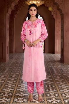 Cherry blossom pink kurta with prints, tassels, coin and sequin work. Comes with matching printed pant. - Aza Fashions Pink Lawn Suit With Dupatta And Long Sleeves, Pink Long Sleeve Lawn Suit With Printed Motifs, Pink Traditional Lawn Suit For Spring, Traditional Pink Lawn Suit For Spring, Pink Long Sleeve Lawn Suit With Dupatta, Pink Long Sleeve Salwar Kameez With Chikankari Embroidery, Pink Silk Lawn Suit For Eid, Elegant Pink Pants For Eid, Unstitched Pink Silk Lawn Suit