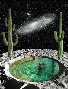 two people are swimming in the water next to cacti and cactuses on the moon