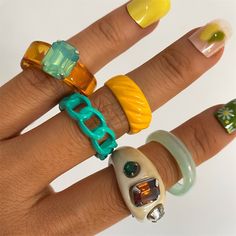 Size 7-8 included in each set. Refer to size chart for more information. Trendy Yellow Ring As Gift, Trendy Multicolor Metal Rings, Trendy Plastic Ring Jewelry, Trendy Multicolor Plastic Rings, Trendy Resin Ring Jewelry, Trendy Resin Ring, Rings Set For Women, Resin Chain, Heart Rings