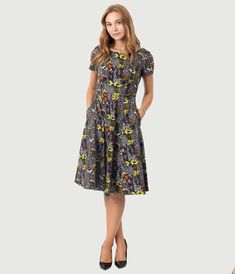 Black & Botanical Butterfly Print Swing Dress - Unique Vintage - Womens, DRESSES, FIT AND FLARE Black Butterfly Print Dresses For Spring, Black Butterfly Print Dress For Spring, Black Butterfly Print Spring Dresses, Black Dress For Fall Garden Party, Fitted Short Sleeve Butterfly Print Dress, Fifties Dress, Review Clothing, Rose Clothing, Patch Dress