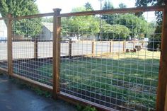 the fence is made of metal wire and has wood posts on each side, along with green grass