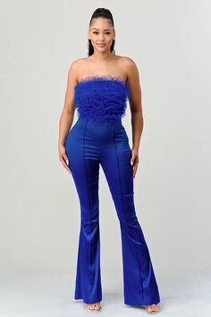 Introducing the highly coveted Royal Blue Satin Ruffled Front Jumpsuit. Sumptuous satin, this irrepressibly elegant piece is sure to be the statement-making piece for any occasion. Featuring a ruffled front for eye-catching detail, it has been designed with stretch for an unbeatable fit. Indulge in luxury and make a dazzling impression with this must-have jumpsuit. Royal blue Stretch Satin Chiffon Ruffled front Off shoulder Self: 96% Polyester 4% Spandex Contrast:100% Polyester Chiffon Ruffle, Stretch Satin, Blue Satin, Royal Blue, Strapless Dress Formal, Off Shoulder, Chiffon, Satin, Jumpsuit