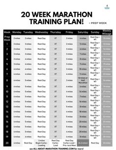 the 20 week marathon training plan is shown in black and white, with numbers on each side