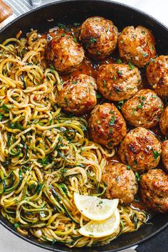 Garlic Butter Meatballs with Lemon Zucchini Noodles - This easy and nourishing skillet meal is absolutely fabulous in every way imaginable! Garlic Butter Turkey Meatballs, Garlic Butter Meatballs, Garlic Butter Turkey, Lemon Zucchini Noodles, Butter Meatballs, Butter Turkey, Lemon Zucchini, Health Dinner, Turkey Meatballs