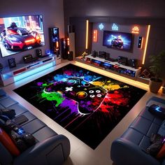 a living room with two couches and a rug on the floor in front of tvs