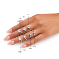 a woman's hand with five different rings on it and measurements for each ring