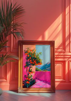 an orange tree in front of a pink wall with a potted plant next to it