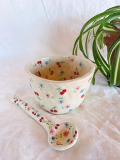 a flowered bowl and spoon sitting next to a potted plant on a white surface