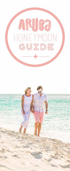 two people walking on the beach in front of the ocean with an oval sign that reads aru8 honey moon guide