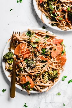 two plates of pasta with broccoli and carrots