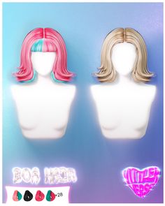 two mannequins with different colored hair on display against a blue and pink background