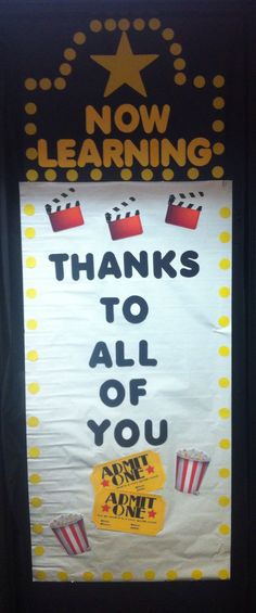 a sign that says, now learning thanks to all of you with popcorn bags on it