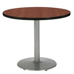 a round table with a metal base and an oak wood top, viewed from the front