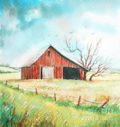 a watercolor painting of a red barn in the middle of a field with birds flying over it