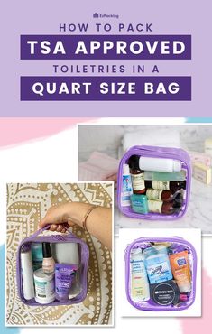 a purple bag with the words how to pack tsa approved toiletries in a quart size bag