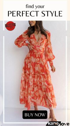 Fashion Printed Long Sleeve V-neck Swing Dress Spring V-neck Maxi Dress For Date Night, V-neck Dress For Brunch In Fall, V-neck Dresses For Brunch In Fall, V-neck Dress For Fall Brunch, V-neck Dresses For Fall Brunch, Flowy V-neck Dress For Fall, Spring Brunch Dress With Notched Neckline, Elegant Orange V-neck Dress, Elegant Long Sleeve V-neck Dress For Vacation