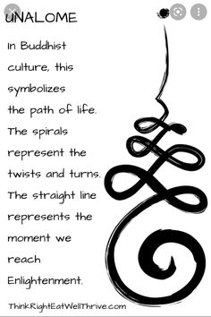 a black and white image with the words unalome in cursive, this symbolizes the path of life spirals