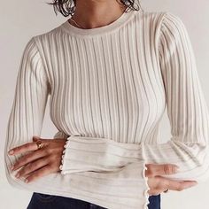 Basic Crew Neck Long Sleeve Ribbed Tops Closet Necessities, Solid Color Sweater, Rib Knit Top, Big Promotion, Bell Sleeve Sweater, Ribbed Top, Long Sleeve Knit Tops, Women Sleeve, Casual Pullover