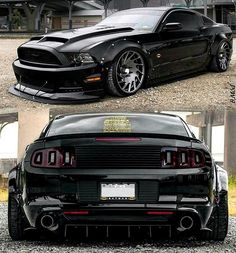 the front and side view of a black mustang