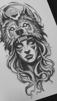 a drawing of a woman with a wolf's head on her face