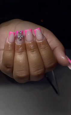 Short Pink French Tip Nails With Rhinestones, College Nails, Fly Nails, Pink French Nails, Punk Nails, Girl Vibe