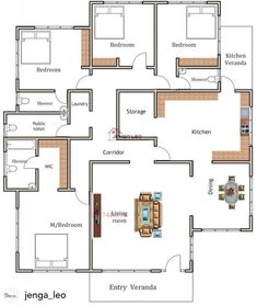 the floor plan for an apartment with three bedroom, two bathroom and one living room