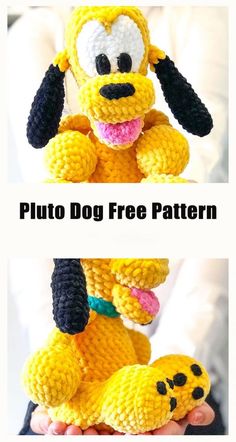 a crocheted stuffed dog is being held up by someone's hand with the caption pluto dog free pattern