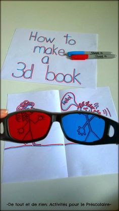 a pair of glasses with the words how to make 3d book written on them, and an image of two people wearing sunglasses