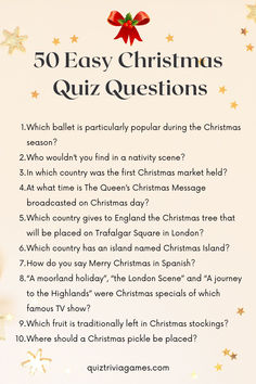 the 50 easy christmas quiz questions are shown in red and white with gold stars on it