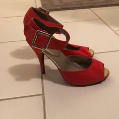 Never Worn, Red Faux Suede, Ankle Strap Heels With Buckle, 3.5 In Heel, Size 38 Ankle Strap Heels, Strap Heels, Red Gold, Faux Suede, Shoes Women Heels, Ankle Strap, Shoes Heels, Buckle, Women Shoes