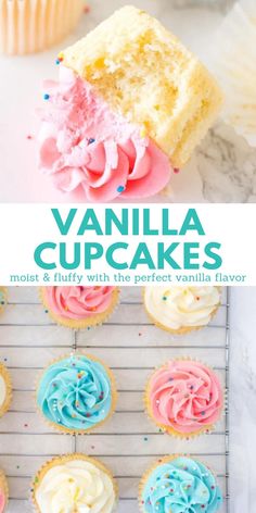 vanilla cupcakes with colorful frosting and sprinkles are on a cooling rack