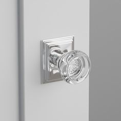 a door handle on the side of a white door with a glass knob in it