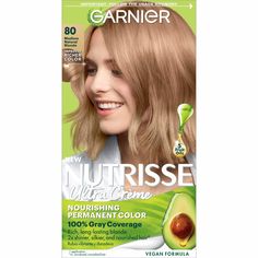 Garnier Nutrisse Ultra Crème Nourishing Permanent Hair Color nourishes as it colors for 2x shinier, silkier and nourished hair vs. uncolored, unwashed hair. Garnier Nutrisse permanent natural blonde hair dye comes with a fruit oil ampoule that you pour directly into the mix. Our nourishing after color conditioner is infused with five responsibly-sourced oils - avocado, olive, coconut, argan and shea. The new ColorBoost technology efficiently infuses intense dyes into the hair fiber for richer, r Natural Blonde Hair Dye, Dark Natural Blonde, Garnier Hair Color, Almond Creme, Blonde Dye, Color Conditioner, Hair Color Caramel, Dyed Blonde Hair, Natural Blonde