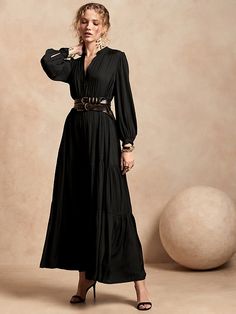 Satin Tiered Maxi Dress | Banana Republic Maxi Dress Elegant, Classic Black Dress, Ruffle Wrap Dress, Maxi Dress Black, Tiered Maxi Dress, Banana Republic Dress, Dress Elegant, Tiered Dress, Elegant Outfit