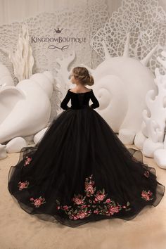 "Gorgeous black flower girl dress with multilayered skirt, velvet corset with long sleeves. The elegant satin sash with rhinestones is on the waistline. The puffy, layered tulle skirt is trimmed with lace embroidery.  Specially designed of unique girls dress pattern for your chic special occasions, wedding, birthday, pageant, bridesmaid party, Christmas. Item material:   upper layer of the skirt - tulle with applique                            middle layer of the skirt - tulle                            lower layer of the skirt - taffeta                            corset- velvet                            train - detachable Item color: Black Size: 12m-2-3-4-5-6-7-8-9-10 The size chart is the picture of the listing. If your measurements do not match to those specified in the standard size c Kingdom Boutique, Black Flower Girl Dress, Tule Rok, Black Evening Gown, Kids Dress Patterns, Happy Photography, Girl Sleeves, Girls Pageant Dresses, Performance Dresses