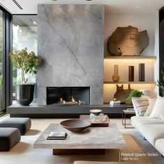 modern living room with fireplace and large windows