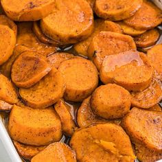 cooked sweet potatoes in a baking dish ready to be eaten