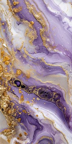 an abstract painting with purple, gold and white colors on it's surface that looks like marble