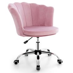 a pink office chair with chrome wheels and casteors on an isolated white background, front view