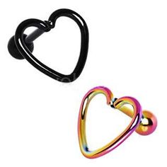 two pairs of heart shaped nose rings in different colors and sizes, one with an upside down design