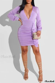 Olivia Mark - Ladies Tangerine Red Solid V-Neck Long Sleeve Patchwork Dress for Women Purple Stretch V-neck Bodycon Dress, Purple V-neck Bodycon Dress For Spring, Purple V-neck Bodycon Dress, Long Sleeve Dresses, Patchwork Dress, Hip Dress, Sleeve Dresses, Purple Fashion, Red Fashion