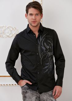 Black laser cut wings rhinestone & embroidery style brings an opulent look to a stretch-cotton shirt that's elegant on its own or layered under other pieces This black Mondo shirt adds elegance and mystery that is emblematic of Mondo's freedom, empowerment and individualism From boardroom meetings to happy hours this stretch-infused shirt makes polished style effortless. A new and versatile wardrobe staple, great for under the blazer for dinner, party and special occasion night Sharp tailoring s