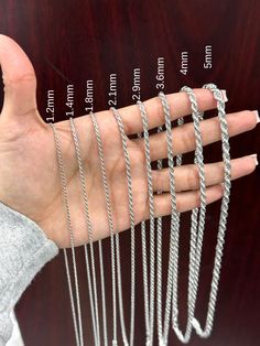 "Rope Chain | Rhodium plated over 925 Sterling Silver | Rhodium Plated | ALL SIZES  16\", 18\", 20\", 22\", 24\" MATERIALS: 925 Sterling Silver DIMENSIONS:  030: 1.2mm 035: 1.4mm  040: 1.8mm  050: 2.1mm  060: 2.9mm 070: 3.6mm 080: 4mm 100: 5mm SIZE: 16\", 18\", 20\", 22\", 24\" CLOSURE: Lobster Lock  CARE: Wipe with Cloth" Rope Chain, Rhodium Plated, Chains Necklace, Size 16, Etsy Accessories, Jewelry Necklaces, Accessory Gift, 925 Sterling Silver, Electronic Accessories