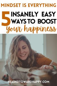 a woman laying on her bed with the text 5 ways to happiness