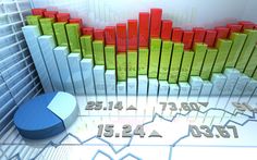 a bar chart with an arrow pointing upward and a pie graph on the floor below it