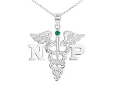 "NP necklace for Nurse Practitioners graduates USA manufactured in solid sterling silver. 3/4\" length charm and a beautiful combination of high polish and diamond cut finish. An attractive presentation gift box included. You can also customize your Nurse Practitioner NP charm with a variety of gemstones including diamonds, rubies, emeralds, pink sapphires, amethysts and other beautiful colors weighing approximately 0.025 carats. The pendant is suspended from a strong yet beautiful solid sterlin Personalized Silver Jewelry For May Birthstone, Personalized Silver Fine Jewelry Gift, Silver Fine Jewelry For Personalized Gift, Fine Silver Jewelry For Personalized Gift, Customizable Silver Round Pendant Jewelry, Personalized Silver Fine Jewelry, Personalized Symbolic Silver Charm Necklace, Sterling Silver Charms With Birthstone, Symbolic Sterling Silver Jewelry For Personalized Gift