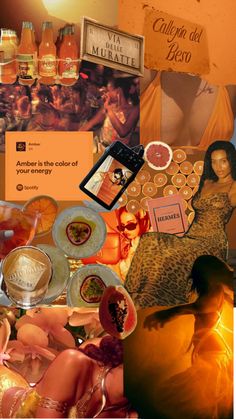 a collage of photos with food and drinks on it, including an orange background